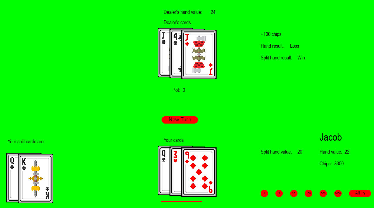 A screenshot of the blackjack game, showing the
                        result of a split hand.